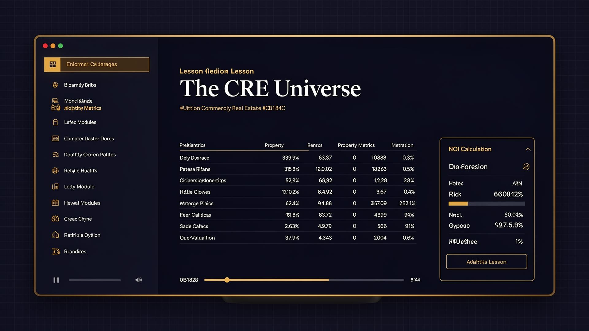 Break Into Brokerage course player showing a CRE lesson with NOI calculations